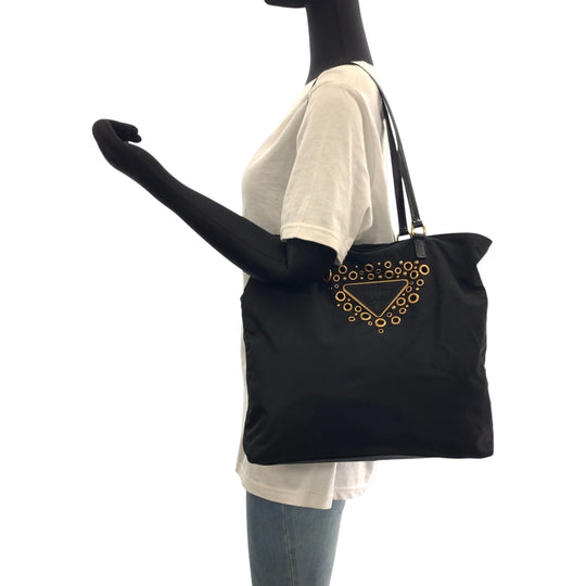 PRADA Tote Bag Nylon Black GoldMetal Test Triangle With logo studs