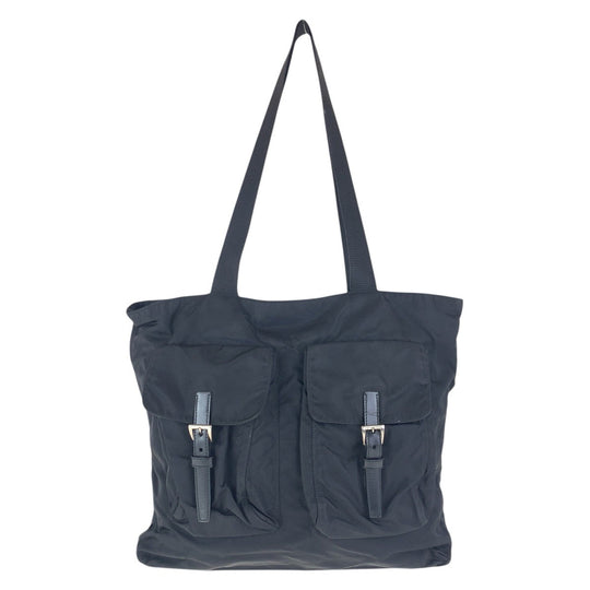 PRADA Tote Bag Nylon Black SilverMetal Tote Bag Shoulder Bag Test Triangle With logo Women Used Authentic