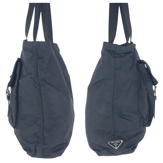 PRADA Tote Bag Nylon Black SilverMetal Tote Bag Shoulder Bag Test Triangle With logo Women Used Authentic