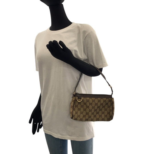 GUCCI Handbag 145750 GG canvas Beige Brown Gold Metal Handbag accessory pouch Women Used Authentic