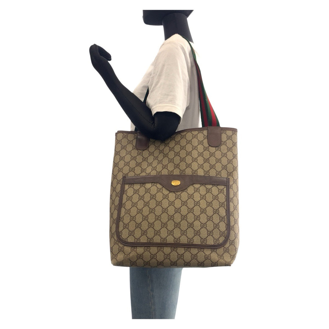 GUCCI Tote Bag 39 02 003 GG Supreme canvas, leather Brown Tote Bag Shoulder Bag Old Gucci Shelly Line Interlocking Women Used Authentic