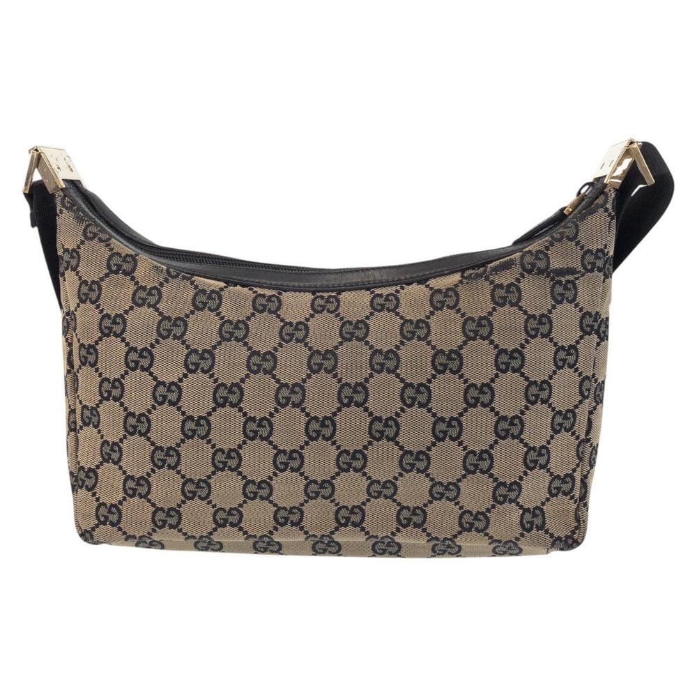GUCCI Shoulder Bag 019 0433 GG canvas Beige Black Gold Metal Shoulder Bag pochette Women Used Authentic