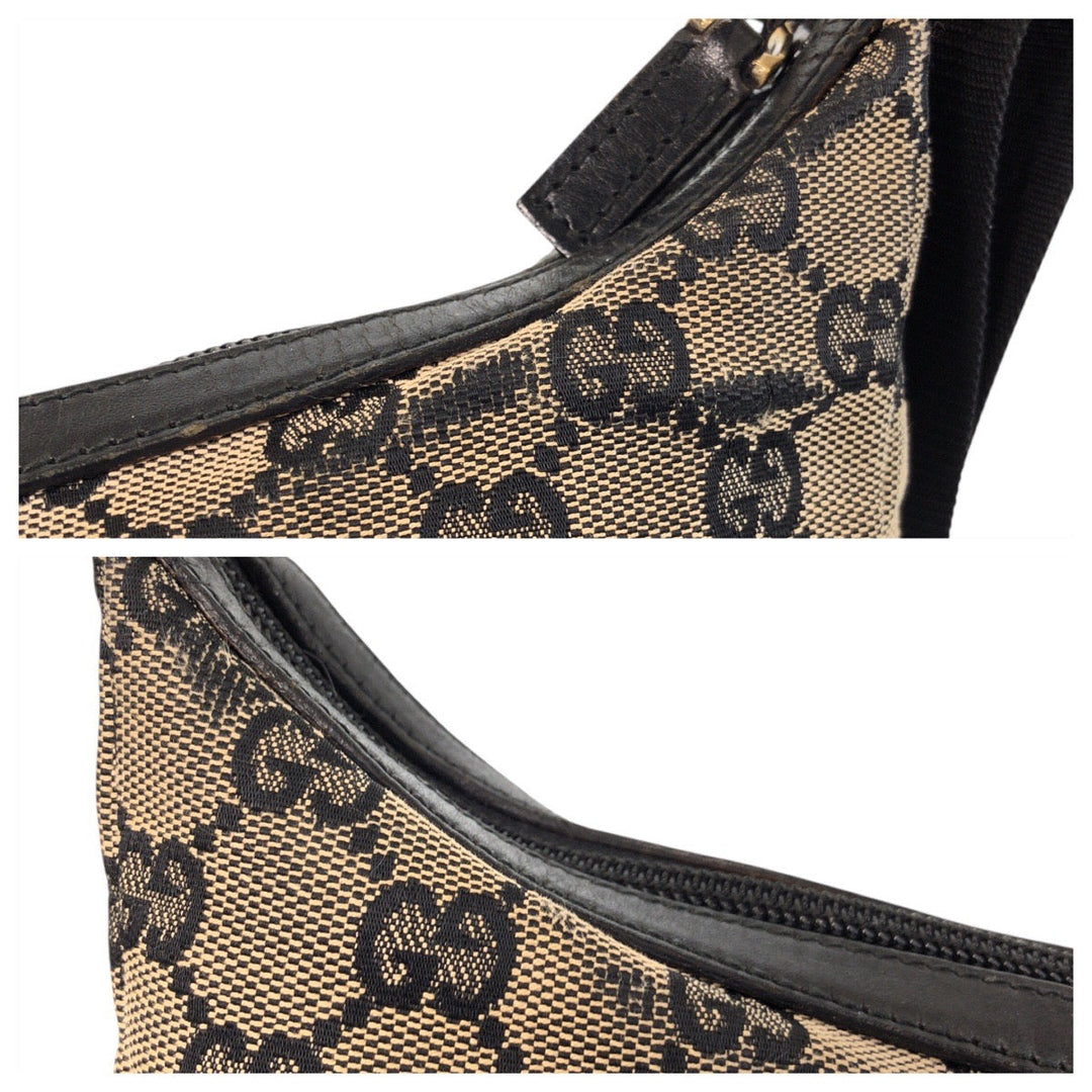 GUCCI Shoulder Bag 019 0433 GG canvas Beige Black Gold Metal Shoulder Bag pochette Women Used Authentic