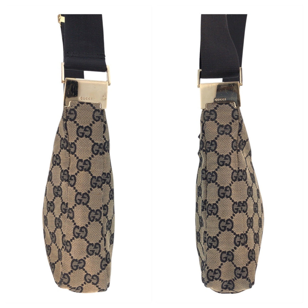 GUCCI Shoulder Bag 019 0433 GG canvas Beige Black Gold Metal Shoulder Bag pochette Women Used Authentic