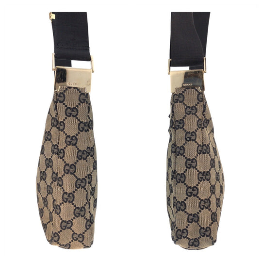 GUCCI Shoulder Bag 019 0433 GG canvas Beige Black Gold Metal Shoulder Bag pochette Women Used Authentic