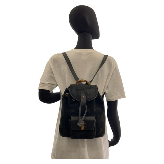GUCCI Backpack 003 1705 0030 Suede Black GoldMetal Backpack Backpack Bamboo Women Used Authentic