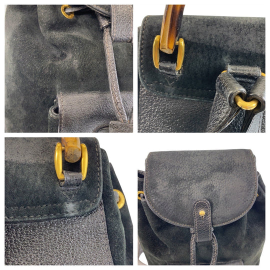 GUCCI Backpack 003 1705 0030 Suede Black GoldMetal Backpack Backpack Bamboo Women Used Authentic