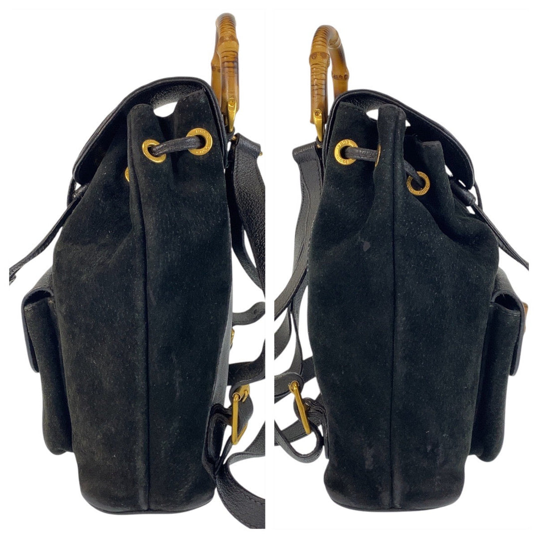 GUCCI Backpack 003 1705 0030 Suede Black GoldMetal Backpack Backpack Bamboo Women Used Authentic