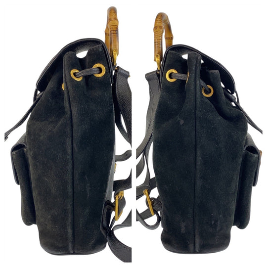 GUCCI Backpack 003 1705 0030 Suede Black GoldMetal Backpack Backpack Bamboo Women Used Authentic