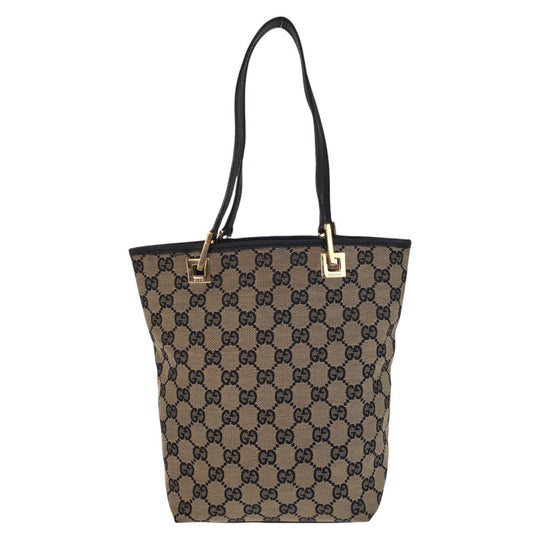 GUCCI Tote Bag 002 1099 GG canvas, leather Beige Black Gold Metal Tote Bag Shoulder Bag Women Used Authentic