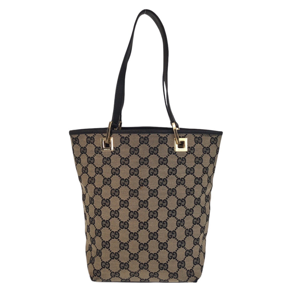 GUCCI Tote Bag 002 1099 GG canvas, leather Beige Black Gold Metal Tote Bag Shoulder Bag Women Used Authentic