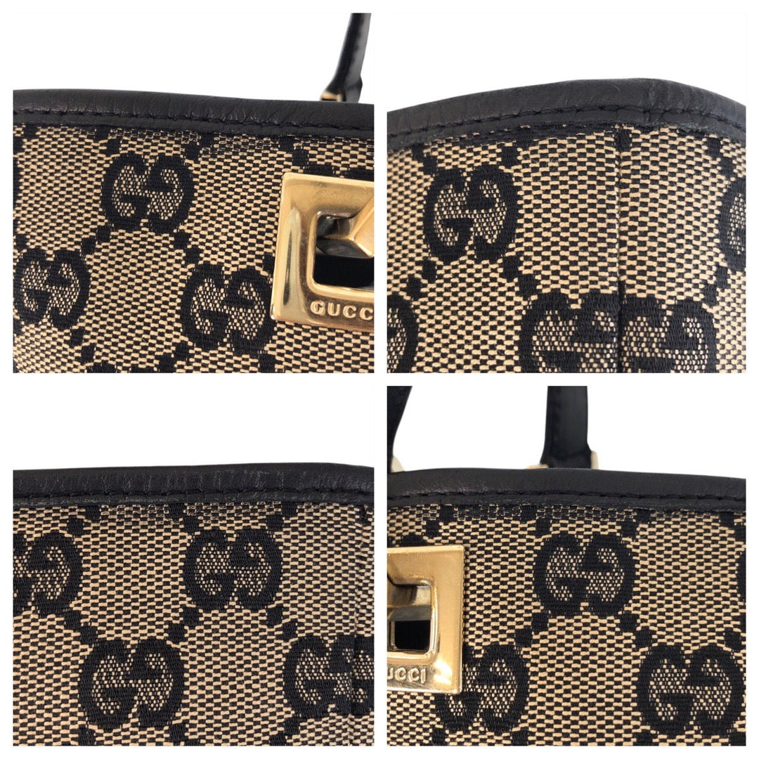 GUCCI Tote Bag 002 1099 GG canvas, leather Beige Black Gold Metal Tote Bag Shoulder Bag Women Used Authentic