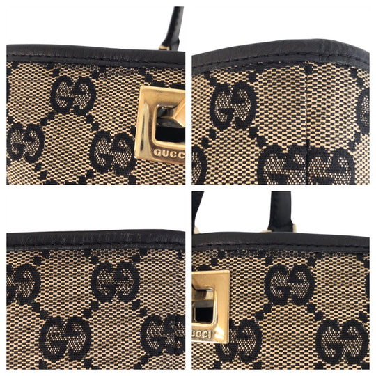 GUCCI Tote Bag 002 1099 GG canvas, leather Beige Black Gold Metal Tote Bag Shoulder Bag Women Used Authentic