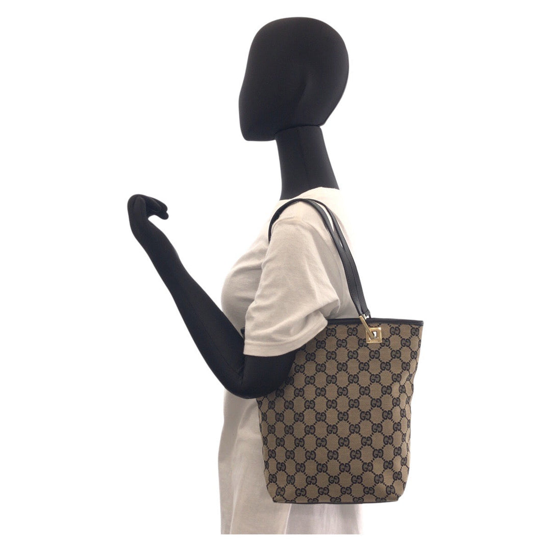 GUCCI Tote Bag 002 1099 GG canvas, leather Beige Black Gold Metal Tote Bag Shoulder Bag Women Used Authentic