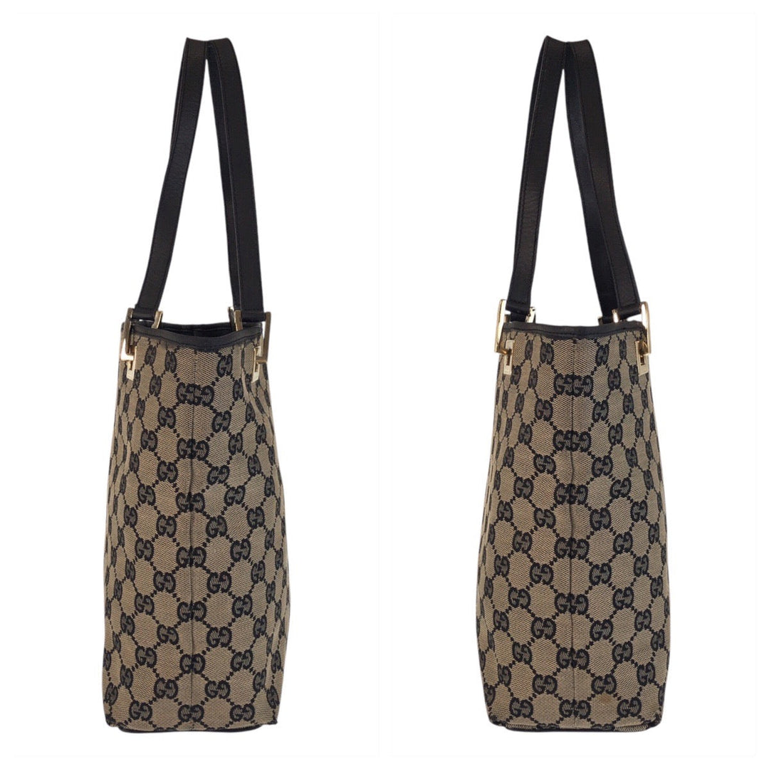 GUCCI Tote Bag 002 1099 GG canvas, leather Beige Black Gold Metal Tote Bag Shoulder Bag Women Used Authentic