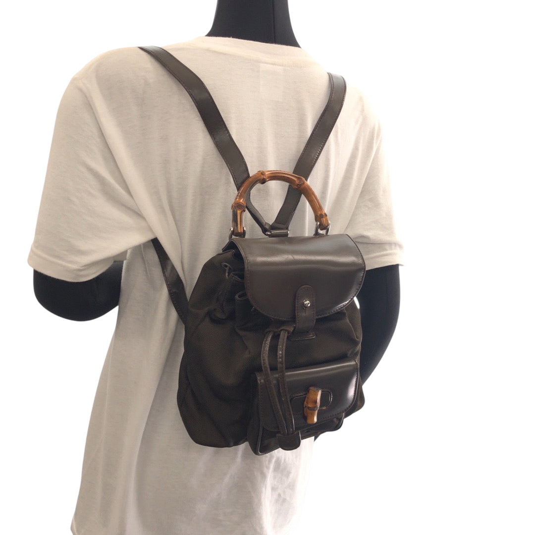 GUCCI Backpack 003 2058 Nylon Khaki Brown SilverMetal Backpack Backpack Bamboo Old Gucci Women Used Authentic