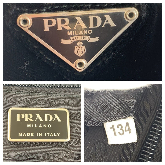 PRADA Handbag Velor Black SilverMetal Handbag Shoulder Bag Triangle With logo Women Used Authentic