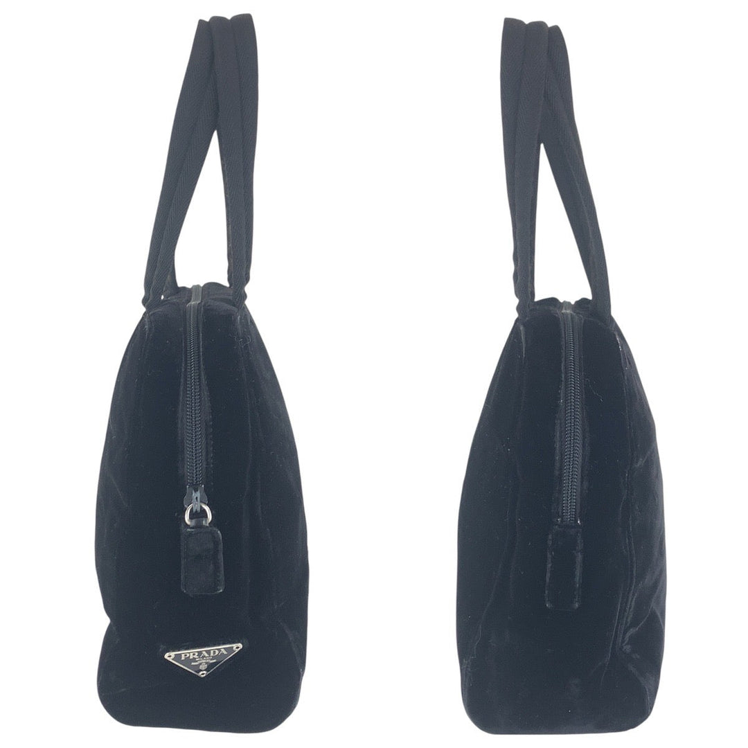 PRADA Handbag Velor Black SilverMetal Handbag Shoulder Bag Triangle With logo Women Used Authentic