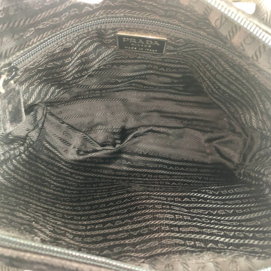 PRADA Handbag Velor Black SilverMetal Handbag Shoulder Bag Triangle With logo Women Used Authentic