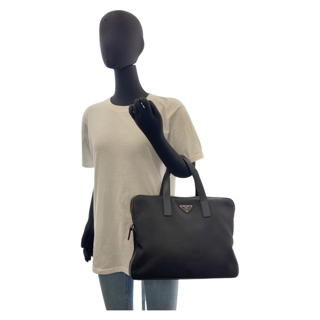 PRADA Business bag Nylon, Leather Black SilverMetal Business bag briefcase Test Triangle With logo Women Used Authentic