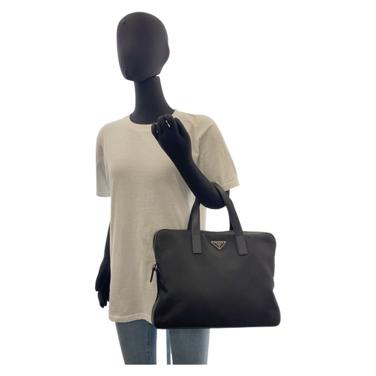 PRADA Business bag Nylon, Leather Black SilverMetal Business bag briefcase Test Triangle With logo Women Used Authentic