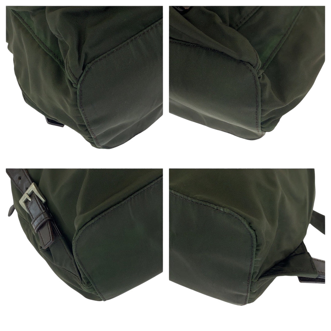 PRADA Backpack Nylon Khaki Brown SilverMetal Backpack Backpack Test Triangle With logo Women Used Authentic