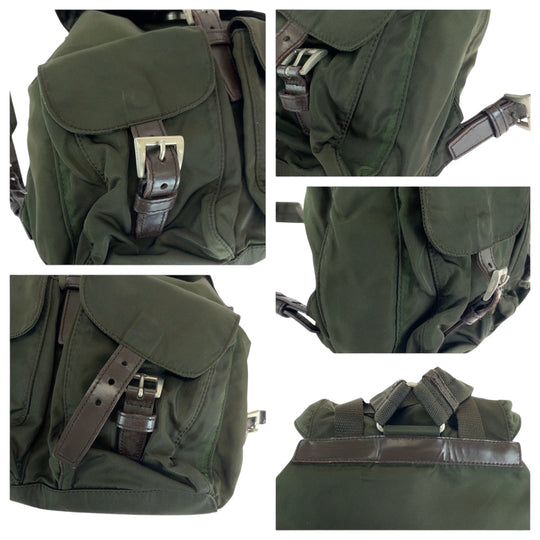 PRADA Backpack Nylon Khaki Brown SilverMetal Backpack Backpack Test Triangle With logo Women Used Authentic