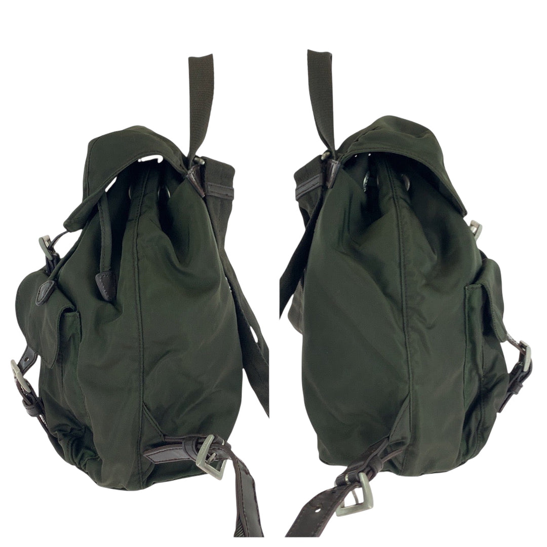 PRADA Backpack Nylon Khaki Brown SilverMetal Backpack Backpack Test Triangle With logo Women Used Authentic