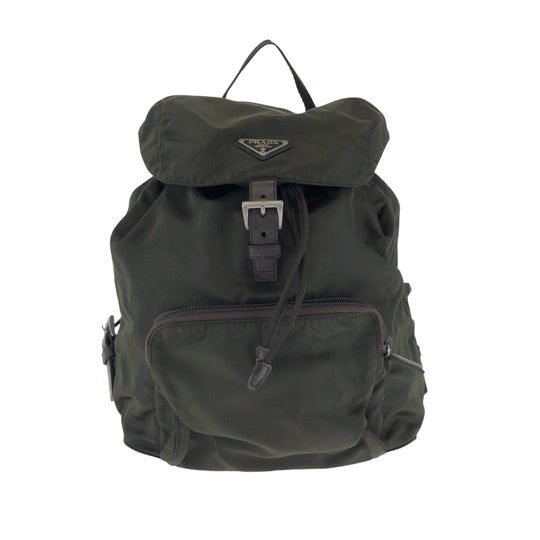 PRADA Backpack Nylon Khaki Brown SilverMetal Backpack Backpack Test Triangle With logo Women Used Authentic