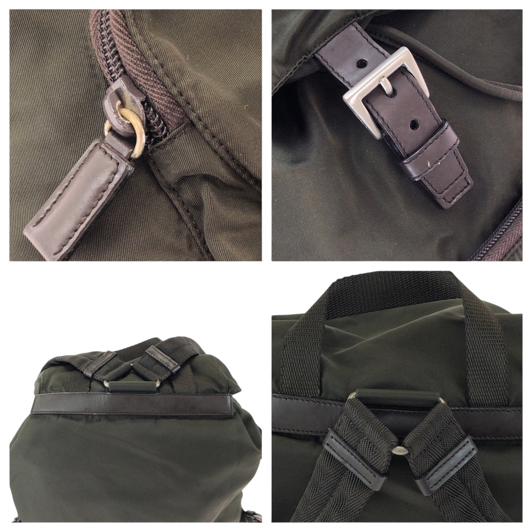 PRADA Backpack Nylon Khaki Brown SilverMetal Backpack Backpack Test Triangle With logo Women Used Authentic