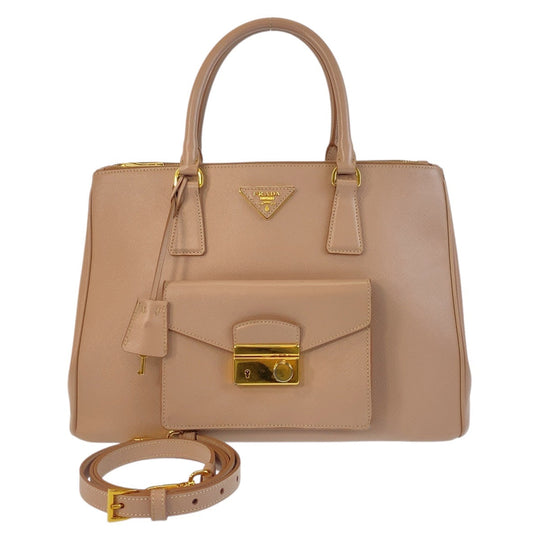 PRADA Tote Bag leather beige Safiano Triangle With logo