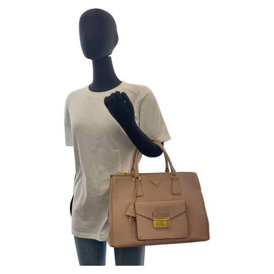 PRADA Tote Bag leather beige Safiano Triangle With logo