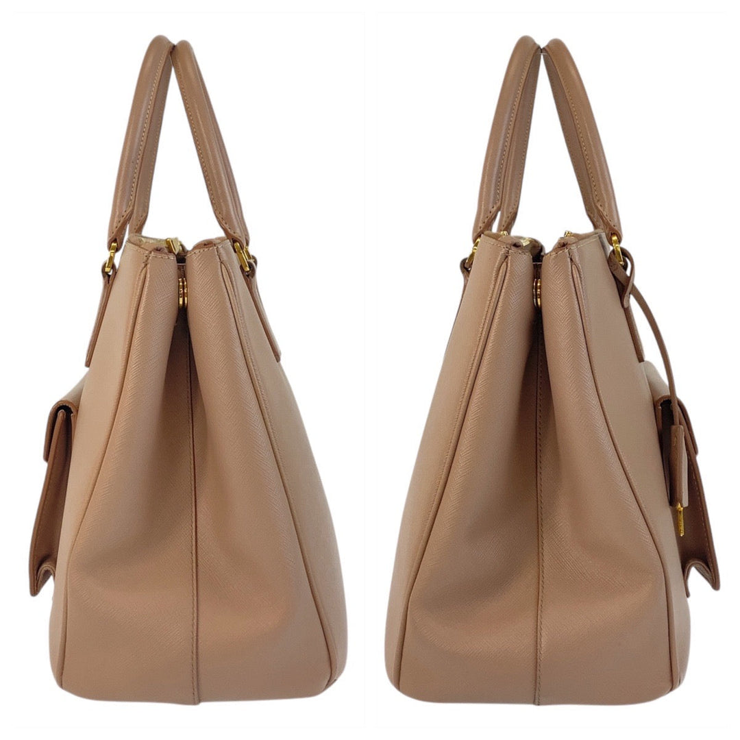 PRADA Tote Bag leather beige Safiano Triangle With logo
