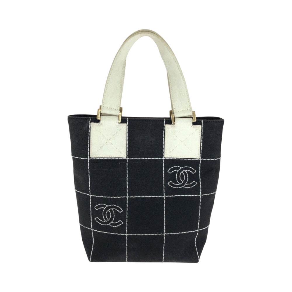 CHANEL Tote Bag canvas Black GoldMetal Handbag Tote Bag Wild Stitch Chocolate Bar COCO Mark Women Used Authentic