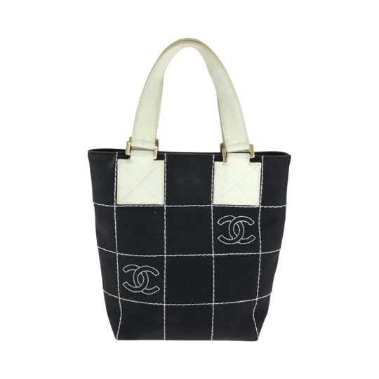 CHANEL Tote Bag canvas Black GoldMetal Handbag Tote Bag Wild Stitch Chocolate Bar COCO Mark Women Used Authentic