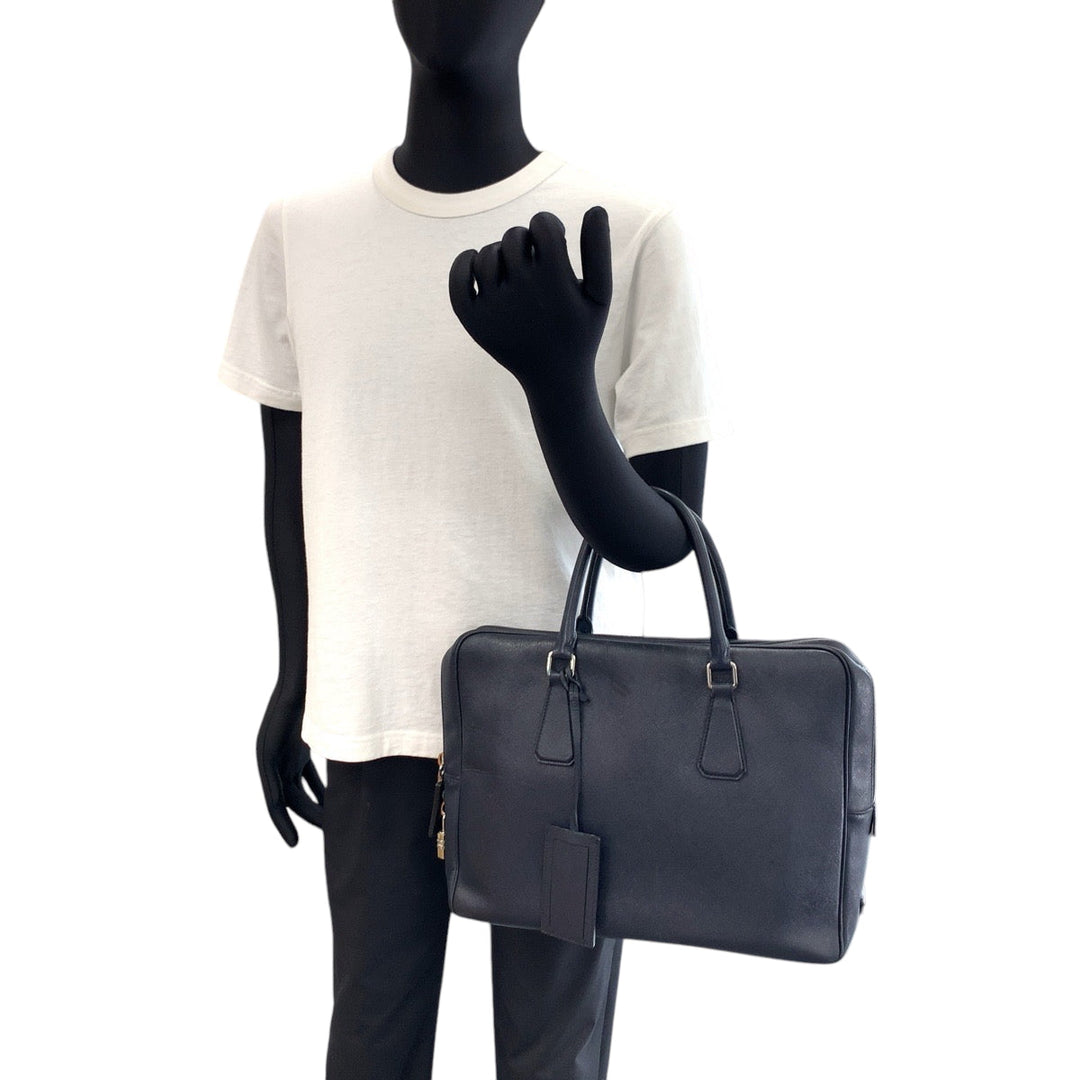 PRADA Business bag leather Navy Safiano Triangle With logo