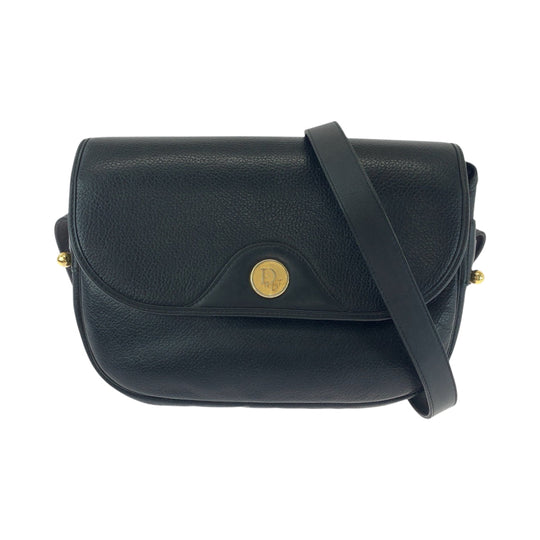 Dior Shoulder Bag leather Black GoldMetal Shoulder Bag pochette Round logo Women Used Authentic