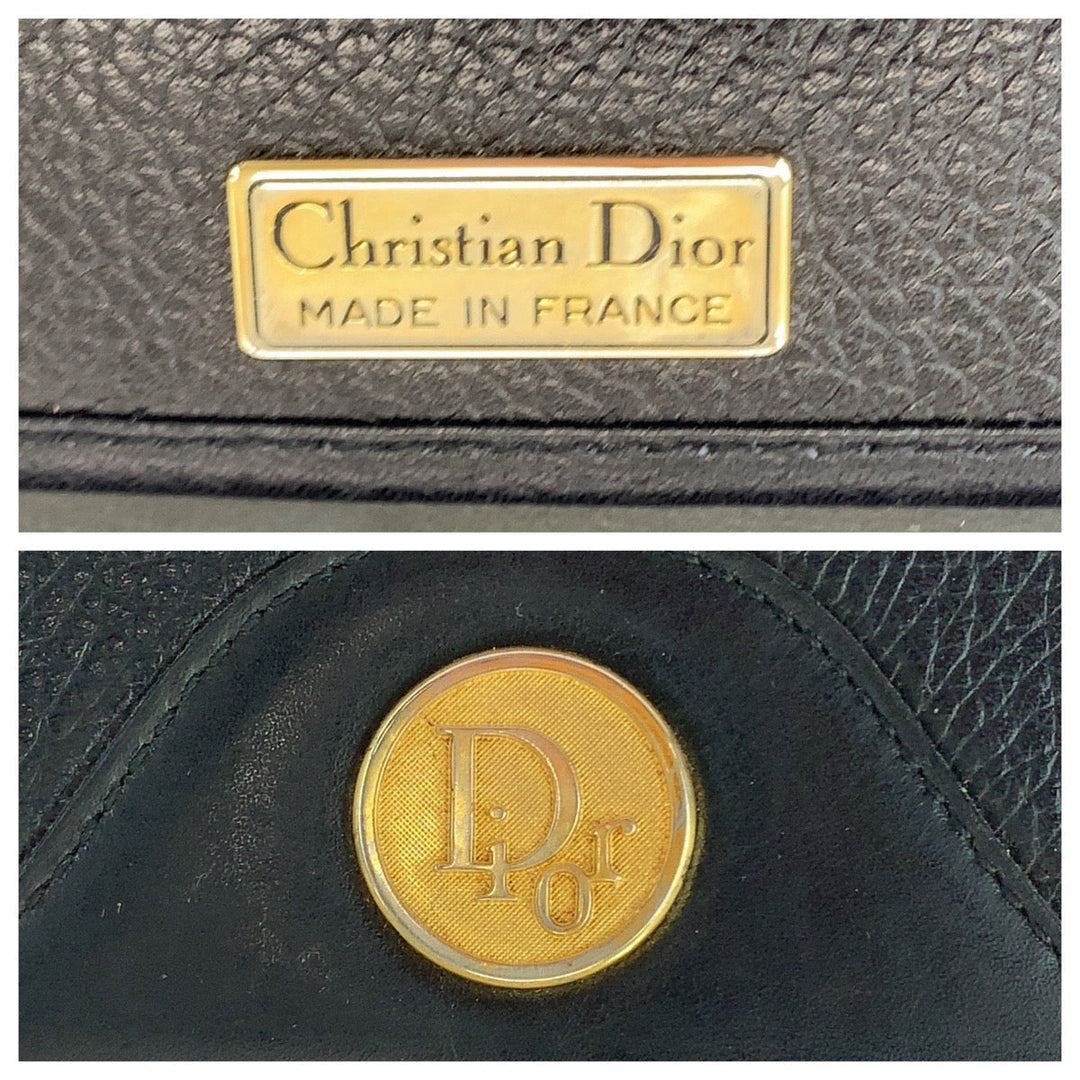 Dior Shoulder Bag leather Black GoldMetal Shoulder Bag pochette Round logo Women Used Authentic