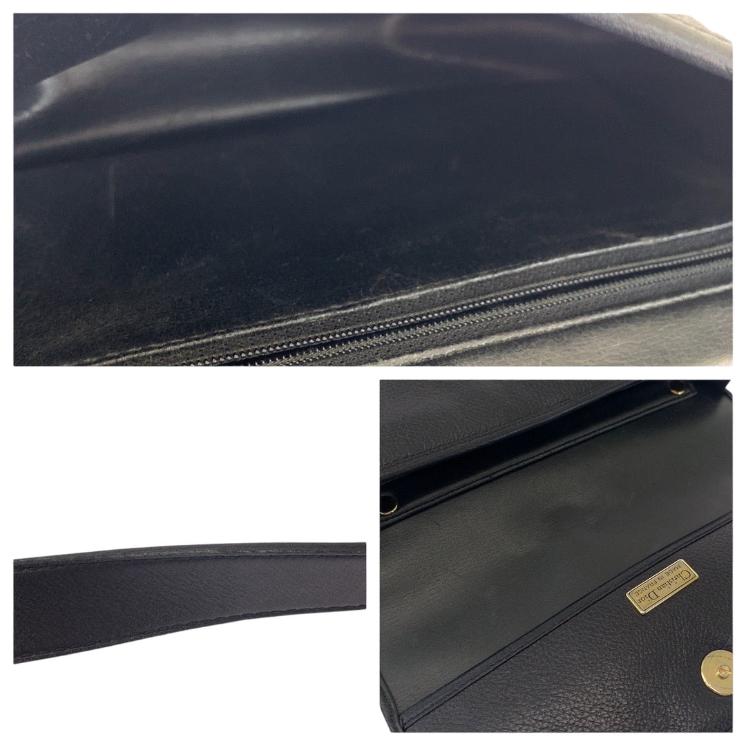 Dior Shoulder Bag leather Black GoldMetal Shoulder Bag pochette Round logo Women Used Authentic
