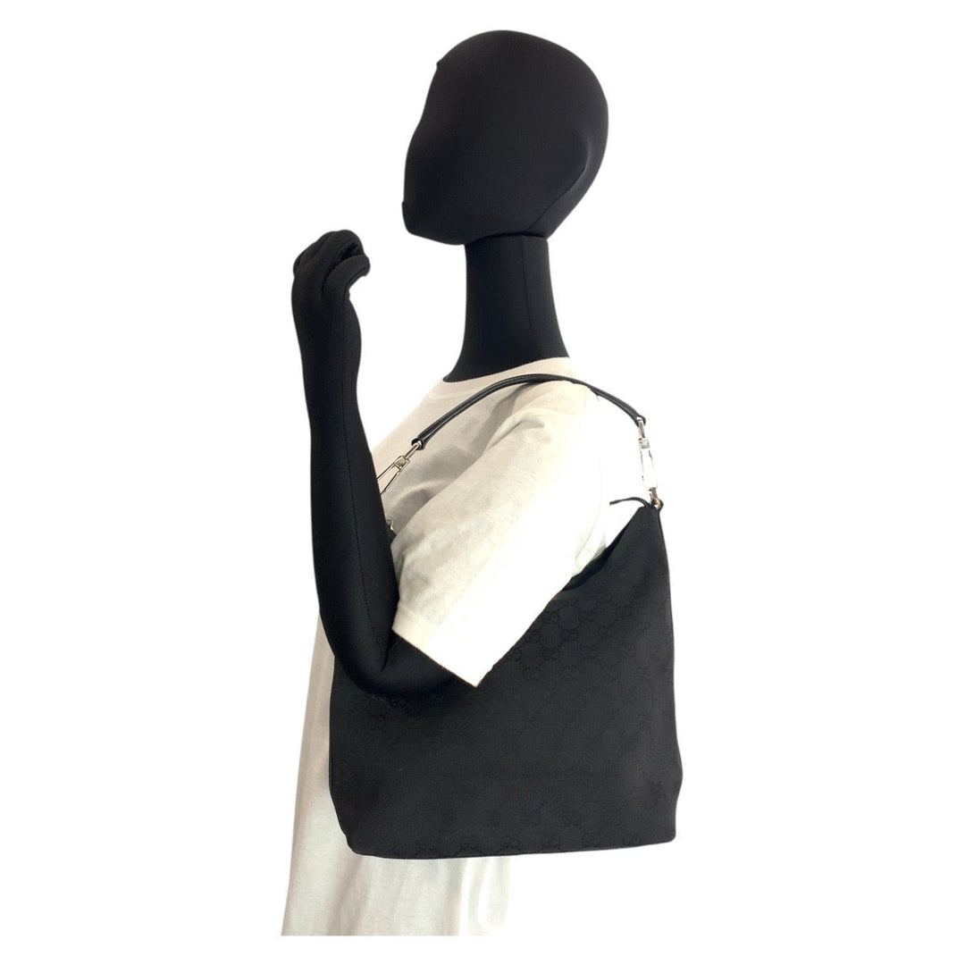 GUCCI Shoulder Bag 000 0602 GG canvas, leather Black SilverMetal Hobo Shoulder Bag Women Used Authentic