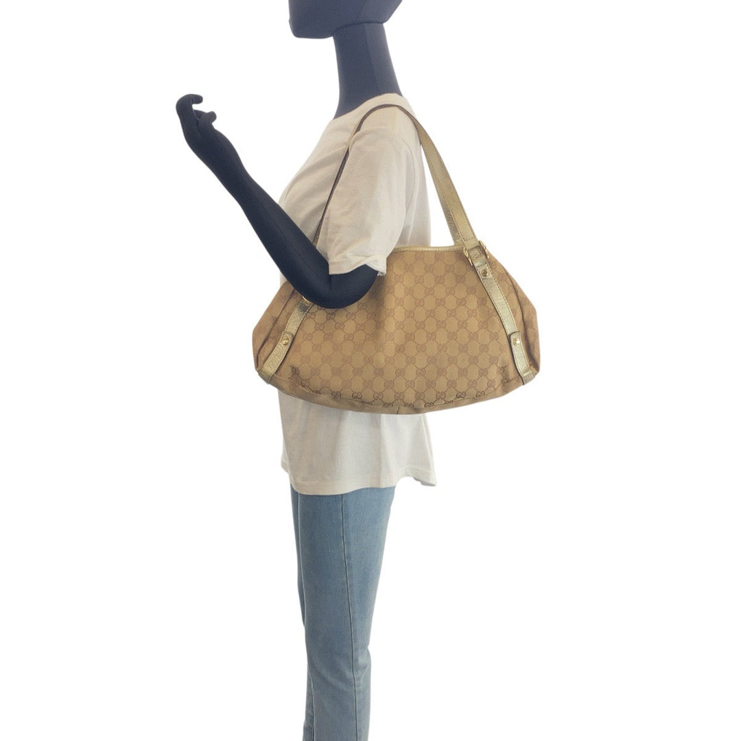 GUCCI Shoulder Bag 130730 GG canvas, leather Beige Gold Metal Abbey Women Used Authentic