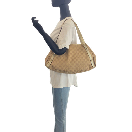 GUCCI Shoulder Bag 130730 GG canvas, leather Beige Gold Metal Abbey Women Used Authentic