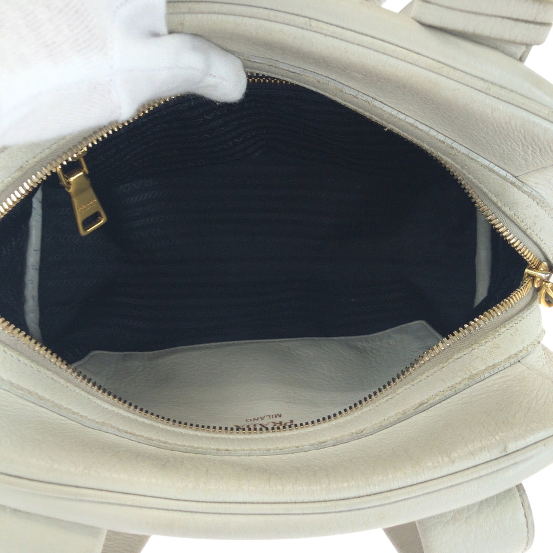 PRADA Shoulder Bag leather Ivory Gold Metal Shoulder Bag Handbag 2way logo Women Used Authentic