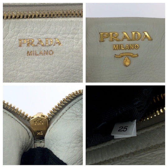 PRADA Shoulder Bag leather Ivory Gold Metal Shoulder Bag Handbag 2way logo Women Used Authentic