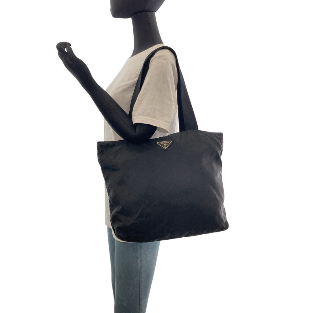 PRADA Tote Bag Nylon Black SilverMetal Tote Bag Shoulder Bag Test Triangle With logo Women Used Authentic