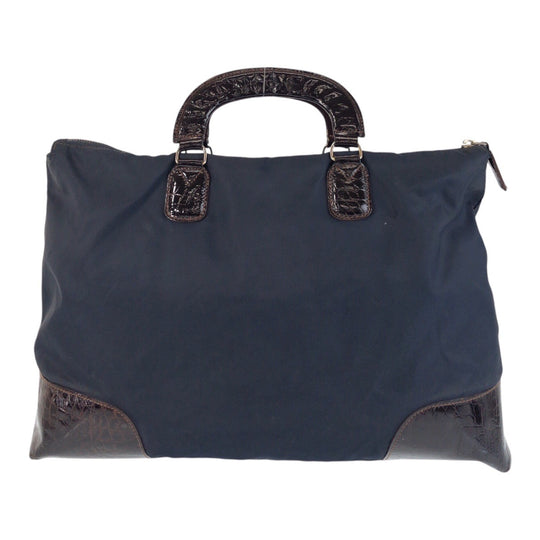 PRADA Tote Bag Nylon, Leather Navy brown Tote Bag handbag Test Triangle With logo Women Used Authentic