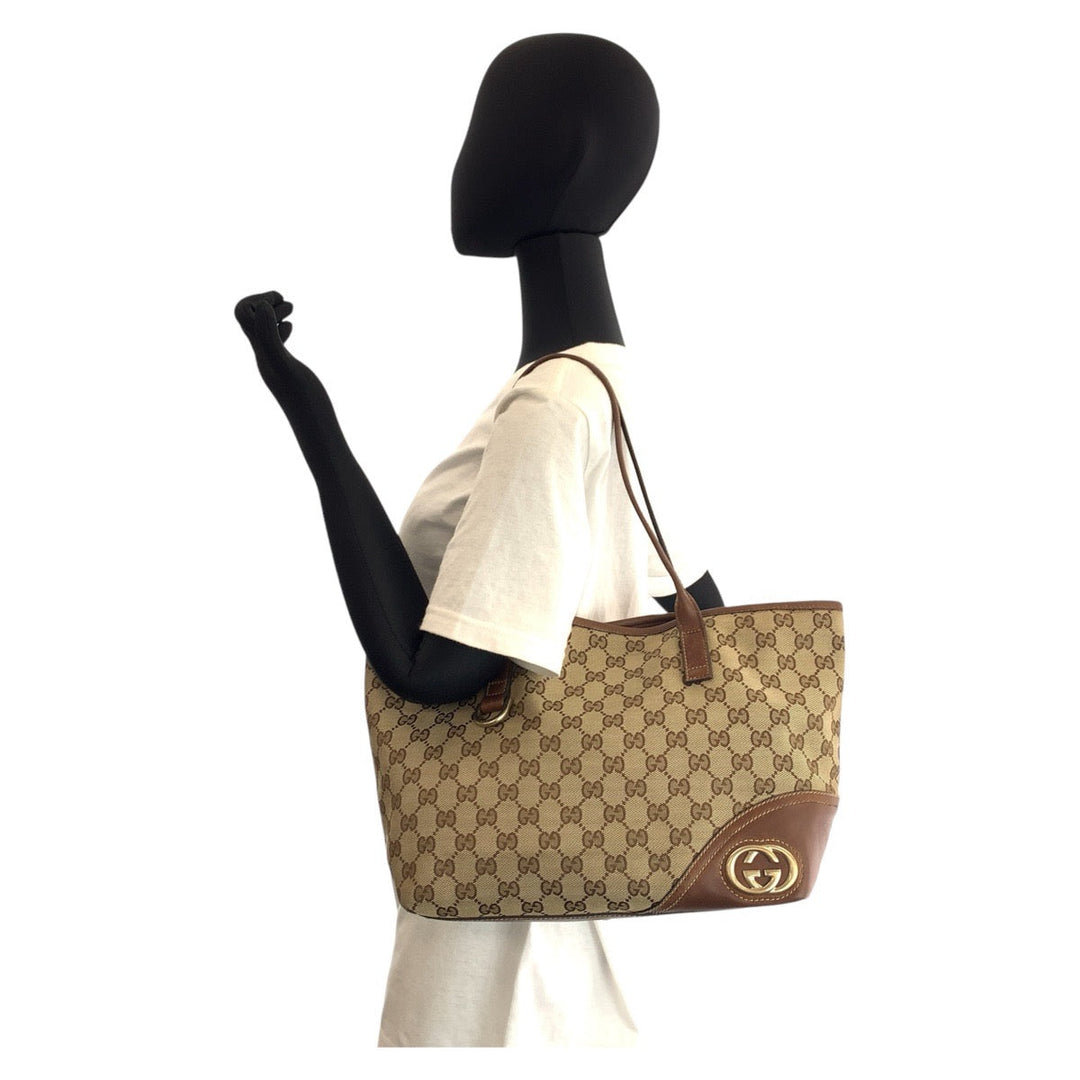 GUCCI Tote Bag 169946 GG canvas, leather Beige Brown Gold Metal Tote Bag Shoulder Bag new breed Women Used Authentic
