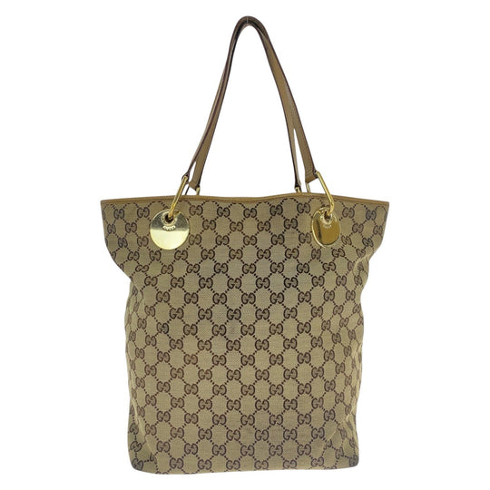 GUCCI Tote Bag 120836 GG canvas, leather Beige Brown Gold Metal Tote Bag Shoulder Bag Women Used Authentic