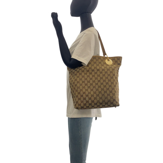 GUCCI Tote Bag 120836 GG canvas, leather Beige Brown Gold Metal Tote Bag Shoulder Bag Women Used Authentic