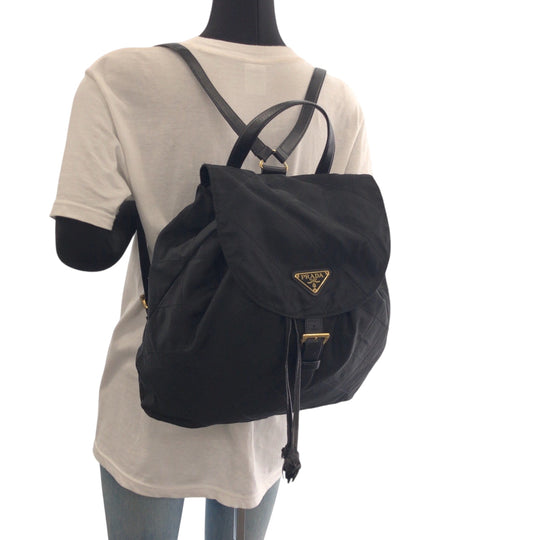 PRADA Backpack k2919 Nylon Black GoldMetal Backpack Backpack Test Triangle With logo Women Used Authentic